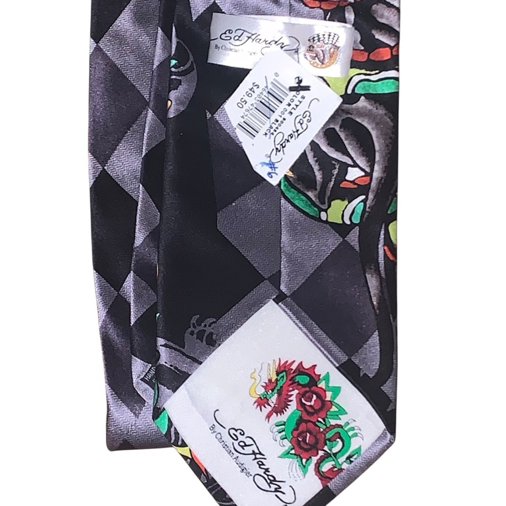 Ed Hardy Christian Audigier Silk Necktie Snake Rat Life Love Luck Mens Tie NWT - Picture 5 of 6